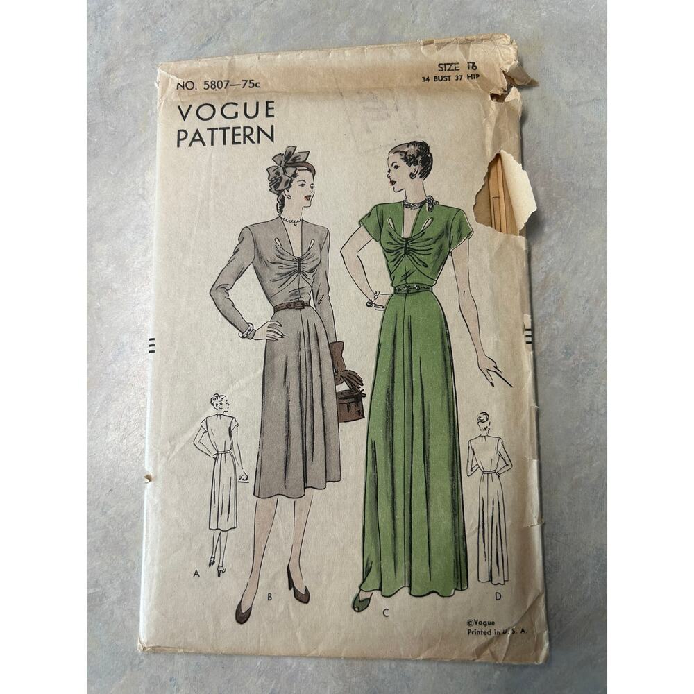 Vintage 1940's Vogue Pattern #5807‎ Day and Evening Length Dress Size 16 HTF